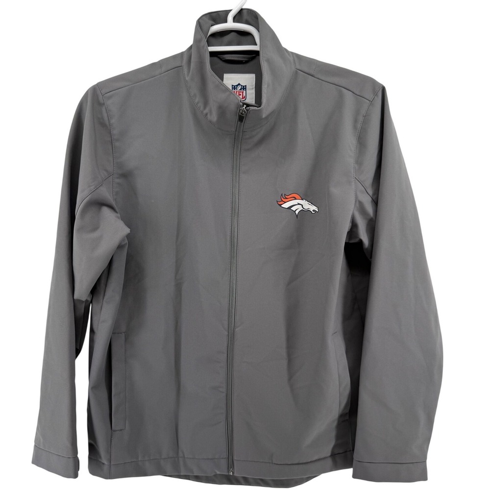 NFL Denver Broncos Mens Medium Grey Full Zip Softshell Jacket‎ Embroidered Logo